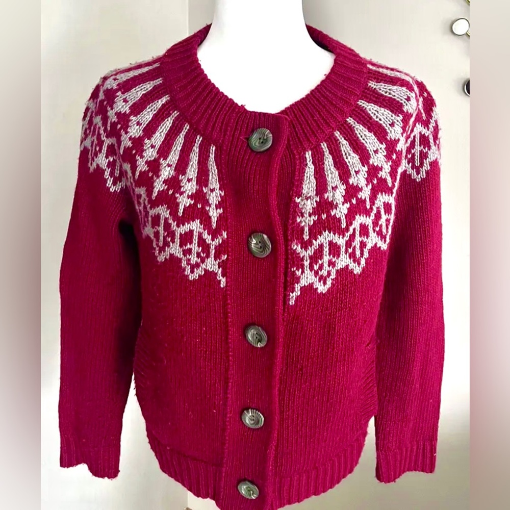 Vintage Eddie Bauer Fair Aisle Sweater Lambswool Blend Red Gray w pockets!